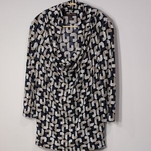 Adrienne Vittadini Black Blue White Geometric 3/4 Sleeve Cowl Neck Top Size L
